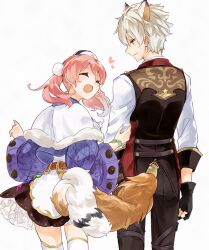 Rule 34 | 1boy, 1girl, animal ears, atelier (series), atelier escha &amp; logy, blush, choker, closed eyes, escha malier, from behind, gloves, hat, heart, holding another&#039;s arm, karasumi (aiseec), logix ficsario, long sleeves, looking at another, open mouth, pants, pink hair, shirt, short hair, simple background, skirt, smile, standing, tail, thighhighs, twintails, vest, white background, white hair, white shirt, wide sleeves