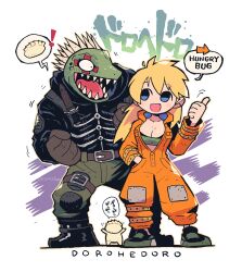 Rule 34 | 1boy, 1girl, absurdres, blonde hair, blue eyes, breasts, caiman (dorohedoro), clenched hand, copyright name, dorohedoro, dumpling, fisheye, food, full body, gyoza man, highres, jiaozi, jumpsuit, long hair, looking at another, medium breasts, nikaidou (dorohedoro), open mouth, orange jumpsuit, pants, partially unzipped, rariatto (ganguri), smile, thumbs up, twitter username