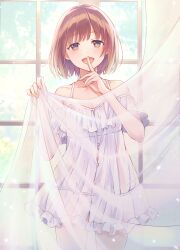 Rule 34 | 1girl, :d, behind curtains, brown eyes, brown hair, chemise, collarbone, cowboy shot, curtains, e (eokiba), finger to mouth, frilled chemise, frills, highres, holding, off shoulder, open mouth, original, short hair, smile, solo, spaghetti strap, standing, transparent curtains, window