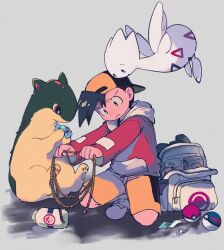 Rule 34 | 1boy, absurdres, backpack, backwards hat, bag, baseball cap, black eyes, black hair, bottle, candy, candy wrapper, closed mouth, commentary request, creatures (company), ethan (pokemon), frown, game freak, gen 2 pokemon, great ball, grey background, hat, highres, holding, holding rope, hood, hood down, jacket, long sleeves, looking down, male focus, milk bottle, moomoo milk, nintendo, ok ko19, poke ball, poke ball (basic), pokemon, pokemon gsc, quilava, rope, short hair, shorts, squatting, togetic, unworn backpack, unworn bag, wrapped candy, yellow shorts