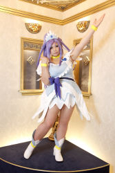 Rule 34 | 1girl, ankle boots, asian, blue eyes, blue hair, boots, bow, bracelet, breasts, choker, chouzuki maryou, cosplay, cure diamond (cosplay), dokidoki! precure, dress, fist pump, headpiece, highres, jewelry, large breasts, long hair, magical girl, matching hair/eyes, photo (medium), plump, ponytail, precure, puffy short sleeves, puffy sleeves, ribbon, short sleeves, solo, tiara