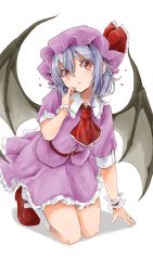 Rule 34 | :&lt;, absurdres, alternate hairstyle, arm support, ascot, asymmetrical hair, bat wings, belt, black wings, blue hair, buckle, buttons, closed mouth, commentary, frilled ribbon, frilled shirt collar, frilled skirt, frills, full body, hair between eyes, hand on own chest, hand on own face, hand up, hat, hat ribbon, heart, highres, kneehighs, kneeling, looking at viewer, mary janes, mob cap, orange eyes, outstretched arm, pink hat, pink shirt, pink skirt, puffy short sleeves, puffy sleeves, purple hat, purple shirt, purple skirt, red ascot, red belt, red eyes, red footwear, remilia scarlet, ribbon, shirt, shoes, short hair, short sleeves, sidelocks, silver hair, simple background, skirt, skirt set, socks, solo, touhou, white background, white socks, wings, wrist cuffs, yamabukiiro (browncat)