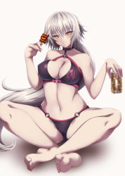 Rule 34 | 1girl, absurdres, akina t, bare arms, bare legs, bare shoulders, barefoot, bikini, breasts, chewing, cleavage, closed mouth, commentary request, condensation, covered erect nipples, crossed ankles, eyes visible through hair, fate (series), food request, grey hair, hair between eyes, highres, hip focus, holding, indian style, jeanne d&#039;arc alter (swimsuit berserker) (fate), jeanne d&#039;arc (fate), jeanne d&#039;arc alter (fate), jeanne d&#039;arc alter (swimsuit berserker) (fate), long hair, looking at viewer, medium breasts, navel, o-ring, o-ring bikini, silver trim, sitting, solo, swimsuit, tsurime, very long hair, yellow eyes