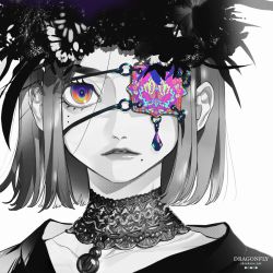 Rule 34 | 1girl, akiakane, bob cut, collar, eyepatch, grey background, hair ornament, jewelry, limited palette, looking at viewer, mole, mole under eye, multicolored eyes, necklace, original, parted lips, portrait, red eyes, short hair, simple background, solo, watermark