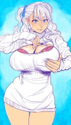 Rule 34 | 1girl, blue eyes, blush, bra, breasts, cleavage, cleavage cutout, clothing cutout, cutout sweater, full-face blush, galko, gyaru, highres, large breasts, long hair, looking at viewer, oshiete! galko-chan, solo, sweater, underwear