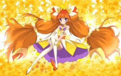 Rule 34 | 1girl, amanogawa kirara, armpits, bare shoulders, blush, boots, choker, cure twinkle, dress, earrings, eyelashes, gloves, go! princess precure, half updo, haru (nature life), jewelry, magical girl, multicolored hair, orange dress, orange hair, precure, purple eyes, quad tails, red hair, ribbon, solo, star (symbol), star earrings, streaked hair, thigh boots, thighhighs, twintails, two-tone hair, white footwear, white gloves, white thighhighs, wrist cuffs