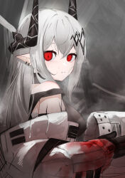 Rule 34 | 1girl, absurdres, ao oni (onioni-aoi), arknights, black gloves, black horns, black sports bra, blood, blood on clothes, commentary request, ear piercing, from side, gloves, grey background, grey hair, hair between eyes, helmet, highres, holding, holding helmet, horns, jacket, long hair, long sleeves, looking at viewer, mudrock (arknights), mudrock (elite ii) (arknights), oripathy lesion (arknights), parted lips, piercing, pointy ears, red eyes, sidelocks, solo, split mouth, sports bra, strap slip, sweat, upper body, white helmet, white jacket