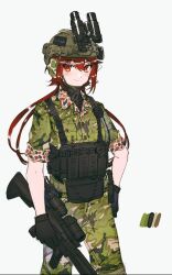 Rule 34 | 1girl, binoculars, black gloves, camouflage, camouflage pants, camouflage shirt, closed mouth, collared shirt, color guide, commentary request, dress shirt, gloves, green headwear, green pants, green shirt, grey background, gun, hair between eyes, hand on own hip, helmet, highres, holding, holding gun, holding weapon, long hair, original, pants, red eyes, red hair, scope, shirt, short sleeves, simple background, smile, solo, tuziki sang, very long hair, weapon, weapon request