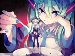 Rule 34 | 2girls, ^ ^, angry, bad id, bad pixiv id, blue eyes, closed eyes, detached sleeves, dual persona, green hair, hatsune miku, long hair, mini person, minigirl, multiple girls, necktie, oniyama831, open mouth, sitting, skirt, spoon, thighhighs, twintails, vocaloid