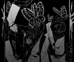 Rule 34 | 1boy, animal head, blood, bug, butterfly, butterfly on hand, coat, cowboy shot, extra arms, funeral of the dead butterflies, gloves, greyscale, highres, insect, lobotomy corporation, long sleeves, male focus, maskv, monochrome, pointing, pointing at viewer, project moon, solo, vest