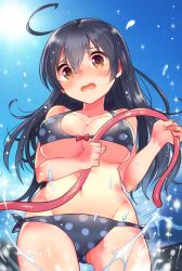 Rule 34 | 10s, 1girl, adapted costume, ahoge, ass, bare shoulders, bikini, black bikini, black hair, blush, bow, bow bikini, breasts, brown eyes, cleavage, cowboy shot, day, from below, gluteal fold, halterneck, head tilt, hoe, holding, hose, ichihaya, kantai collection, large breasts, long hair, looking at viewer, navel, open mouth, polka dot, polka dot bikini, polka dot swimsuit, side-tie bikini bottom, solo, sparkle, splashing, standing, stomach, swimsuit, thigh gap, thighs, two-handed, ushio (kancolle), water, worktool