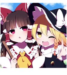 Rule 34 | 2girls, ;d, ascot, black headwear, blonde hair, blue sky, bow, braid, brown hair, detached sleeves, hair bow, hakurei reimu, highres, holding, kirisame marisa, looking at viewer, multiple girls, one eye closed, open mouth, outdoors, red bow, red eyes, side braid, single braid, sky, smile, sweatdrop, touhou, triangle mouth, upper body, v-shaped eyebrows, white bow, yellow ascot, yellow eyes, you (noanoamoemoe)