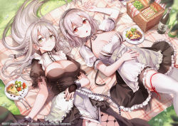 Rule 34 | 2girls, :o, apron, azur lane, basket, black dress, black skirt, blush, bracelet, braid, breasts, brown eyes, cake, cake slice, cleavage, cleavage cutout, closed mouth, clothing cutout, dress, feet out of frame, fishnet legwear, fishnets, food, fork, frilled apron, frilled skirt, frilled sleeves, frills, fruit, grapes, grass, hairband, hand on own stomach, hermione (azur lane), highres, jewelry, knife, large breasts, lemon, lemon slice, long hair, looking at viewer, lying, maid, maid headdress, multiple girls, official art, on back, open mouth, pantyhose, picnic, picnic basket, plate, puffy short sleeves, puffy sleeves, rangu, red eyes, red ribbon, ribbon, salad, sandwich, short hair, short sleeves, silver hair, sirius (azur lane), skirt, smile, thighhighs, twin braids, underbust, very long hair, waist apron, white apron, white hairband, white legwear, zettai ryouiki