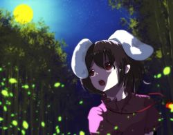Rule 34 | 1girl, animal ears, berabou, black hair, blurry, carrot, carrot necklace, depth of field, dress, extra ears, full moon, inaba tewi, jewelry, md5 mismatch, moon, necklace, night, open mouth, pendant, pink dress, rabbit ears, red eyes, resized, short hair, solo, star (sky), touhou