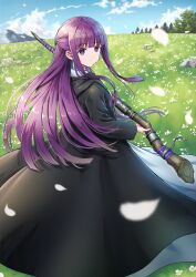 Rule 34 | 1girl, cloak, day, dress, expressionless, fern (sousou no frieren), field, flower, flower field, from behind, grass, half updo, highres, holding, holding staff, long hair, long sleeves, looking at viewer, looking back, outdoors, purple eyes, sky, solo, somu51, sousou no frieren, staff, tree, very long hair
