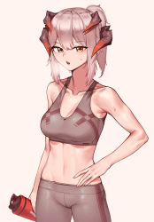 Rule 34 | 1girl, arknights, bad id, bad pixiv id, bare arms, bare shoulders, breasts, cleavage, collarbone, commentary, cowboy shot, crop top, grey background, highres, holding, horns, looking at viewer, medium breasts, midriff, navel, parted lips, ponytail, saria (arknights), short hair, short ponytail, siguya, silver hair, simple background, solo, sports bra, standing, stomach, sweat, yellow eyes
