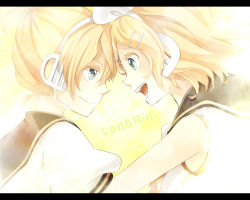 Rule 34 | 1boy, 1girl, aqua eyes, blonde hair, brother and sister, eye contact, face-to-face, hair ornament, hair ribbon, hairclip, headphones, headset, kagamine len, kagamine rin, letterboxed, looking at another, open mouth, profile, ribbon, short hair, siblings, smile, tama (songe), twins, vocaloid