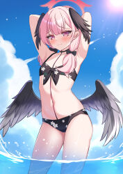 Rule 34 | 1girl, absurdres, angel wings, armpits, arms behind head, arms up, bare shoulders, bikini, black bikini, black bow, black wings, blue archive, blue sky, blush, bow, breasts, closed mouth, collarbone, cowboy shot, day, feathered wings, floral print, hair bow, halo, head wings, highres, koharu (blue archive), koharu (swimsuit) (blue archive), long hair, looking at viewer, low twintails, low wings, maru.selinn, navel, official alternate costume, outdoors, pink eyes, pink hair, print bikini, sky, small breasts, solo, standing, stomach, swimsuit, twintails, wading, water, wet, wings