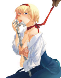 Rule 34 | 1girl, axis powers hetalia, bad id, bad pixiv id, between breasts, blonde hair, bra, breasts, cleavage, colored eyelashes, eyelashes, gacha-pinn126, hairband, lace, lace-trimmed bra, lace trim, large breasts, lead pipe, leash, licking, lingerie, off shoulder, open clothes, open shirt, purple eyes, ribbon, saliva, sexually suggestive, shirt, short hair, simple background, solo, strap slip, suspenders, tears, ukraine (hetalia), underwear, weapon
