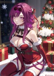 Rule 34 | 1girl, alternate costume, bare shoulders, box, breasts, christmas, christmas tree, cleavage, commentary request, dress, elbow gloves, fur-trimmed gloves, fur choker, fur trim, gift, gift box, gloves, helloimtea, highres, honkai: star rail, honkai (series), kafka (honkai: star rail), large breasts, long hair, looking at viewer, purple eyes, purple hair, red dress, red gloves, red thighhighs, santa costume, santa dress, seiza, short dress, sitting, smile, solo, strapless, strapless dress, thighhighs, thighs