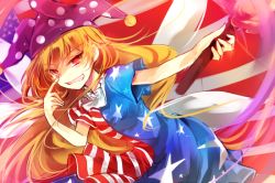 Rule 34 | 1girl, american flag, american flag dress, blonde hair, clownpiece, fairy wings, grin, hat, jester cap, kutsuki kai, long hair, open mouth, red eyes, smile, solo, torch, touhou, very long hair, wings
