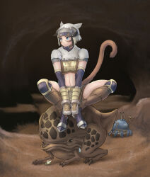 Rule 34 | 1girl, :3, animal ears, adventurer (ff11), beastmaster (final fantasy), black hair, black horns, blue eyes, breasts, brown tail, bug, cactus41747280, cat ears, cat girl, cat tail, chin strap, closed mouth, crab, eighth note, fake horns, final fantasy, final fantasy xi, grasshopper, highres, horned headwear, horns, insect, medium breasts, mithra (ff11), mittens, musical note, navel, purple footwear, short hair, short sleeves, sitting, smile, solo, tail, tail raised, white headwear