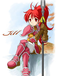 Rule 34 | 1girl, armor, boots, character name, earth ekami, fire emblem, fire emblem: path of radiance, fire emblem: radiant dawn, jill (fire emblem), nintendo, pants, pink armor, polearm, ponytail, red eyes, red hair, solo, spear, weapon, wyvern rider
