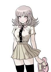 Rule 34 | 1girl, absurdres, arm at side, black shirt, black thighhighs, breasts, brown hair, brown skirt, closed mouth, collared shirt, commentary request, cowboy shot, danganronpa (series), danganronpa 2: goodbye despair, dress shirt, galaga, hair ornament, highres, holding, holding shoes, large breasts, medium hair, miniskirt, nanami chiaki, neck ribbon, no jacket, pink eyes, pink ribbon, pleated skirt, ribbon, shirt, shirt tucked in, shoes, short sleeves, simple background, skirt, smile, solo, standing, thighhighs, two-tone shirt, uranagi (uranaginasi), white background, white shirt, zettai ryouiki