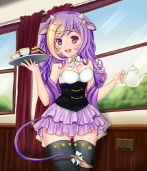 Rule 34 | 1girl, :d, animal ears, black thighhighs, breasts, breasts squeezed together, bursting breasts, cafe, cleavage, corset, cow ears, frilled skirt, frills, highres, holding, holding tray, horns, indoors, jug (bottle), long hair, looking at viewer, maid, open mouth, original, purple eyes, purple hair, purple skirt, sign, skin tight, skirt, smile, solo, standing, tail, teeth, thighhighs, tray, zettai ryouiki