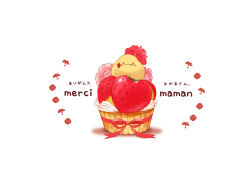 Rule 34 | 1other, bird, chai (drawingchisanne), flower in mouth, food, fruit, highres, mother&#039;s day, original, red ribbon, ribbon, simple background, sitting on food, strawberry, tart (food), whipped cream, white background