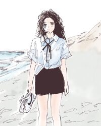 Rule 34 | 1girl, animification, beach, black hair, black shorts, brown eyes, bubble gum (newjeans), danielle (newjeans), highres, k-pop, looking at viewer, neck ribbon, newjeans, nike (company), nike cortez, ocean, polo tokki, real life, ribbon, shirt tucked in, shorts, solo