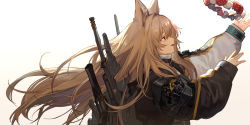 Rule 34 | 1girl, animal ear fluff, animal ears, arknights, black wristband, brown hair, brown jacket, ceobe (arknights), dog ears, eta-klein, fang, from side, hair between eyes, hand up, highres, infection monitor (arknights), jacket, long hair, mushroom, open mouth, profile, simple background, solo, sword, upper body, weapon, weapon on back, white background