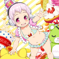 Rule 34 | 1girl, aged down, baby, bikini, blush, candy, candy cane, child, cracker, food, fruit, hat, headphones, looking at viewer, navel, nitroplus, open mouth, pink eyes, pink hair, popcorn, short hair, smile, solo, strawberry, stuffed animal, stuffed toy, super sonico, swimsuit, top hat, tsuji santa