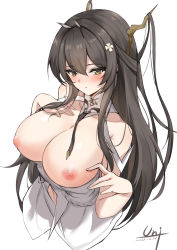 Rule 34 | 1girl, :/, absurdres, antlers, artist name, azur lane, blush, breast suppress, breasts, breasts out, clothes pull, dated, dress, dress pull, flower, green eyes, hair between eyes, hair flower, hair ornament, hand on own chest, highres, horns, indomitable (azur lane), large breasts, long hair, looking at viewer, necktie, nipples, sidelocks, simple background, solo, unique (pixiv12704744), upper body, white background, white dress