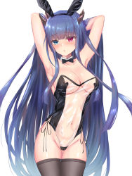 Rule 34 | 1girl, :o, animal ears, armpits, arms behind head, arms up, azur lane, black bow, black bowtie, black hairband, black thighhighs, blue eyes, blue hair, blush, bow, bowtie, breasts, cleavage, commentary request, covered erect nipples, cowboy shot, detached collar, fake animal ears, gluteal fold, habu rin, hairband, heart pasties, highres, horns, ibuki (azur lane), large breasts, leotard, long hair, looking at viewer, meme attire, navel, parted lips, pasties, playboy bunny, rabbit ears, red eyes, see-through, see-through leotard, simple background, thighhighs, thighs, translucent bunnysuit, white background