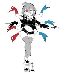 Rule 34 | 1girl, ?, adapted costume, ahoge, alternate wings, black gloves, black hair, black shirt, black shorts, bow, bowtie, crop top, extra arms, footwear bow, full body, gloves, grey thighhighs, high heels, highres, holding, holding polearm, holding weapon, houjuu nue, impossible clothes, impossible shirt, looking at viewer, massakasama, midriff, navel, open mouth, pointy ears, polearm, red eyes, shirt, shoes, short hair, short shorts, short sleeves, shorts, simple background, solo, thighhighs, touhou, trident, weapon, white background, wings