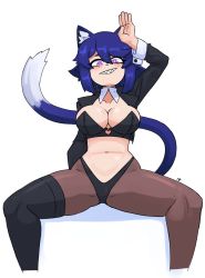 Rule 34 | 1girl, absurdres, animal ear fluff, animal ears, black bra, black panties, black shirt, black thighhighs, blue eyes, blue hair, blush, bra, breasts, cat ears, cat girl, cat tail, cleavage, clenched teeth, collarbone, crop top, detached collar, doce, female focus, freckles, freckles on breasts, grin, hair between eyes, highres, large breasts, looking at viewer, navel, open clothes, open shirt, original, panties, pantyhose, purple eyes, salute, sharp teeth, shirt, short hair, simple background, single thighhigh, sitting, smile, solo, tail, teeth, thighhighs, underwear, white background, xiao (docecaedrus)