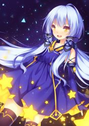 Rule 34 | 1girl, :d, absurdres, akabane, black thighhighs, blue dress, detached sleeves, dress, hair tubes, highres, long hair, looking at viewer, night, night sky, open mouth, sky, smile, solo, star (sky), starry sky, thighhighs, vocaloid, white hair, xingchen, yellow eyes, zettai ryouiki