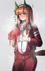 Rule 34 | animal ears, blue eyes, blush, closed mouth, collarbone, commentary request, embarrassed, flat chest, hair ornament, headband, highres, hime cut, horse ears, jacket, kanikama25, looking at viewer, orange hair, pants, silence suzuka (umamusume), sweat, track jacket, track pants, translated, umamusume, unzipping, white background