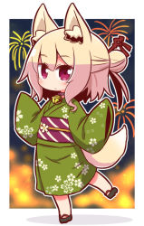 Rule 34 | 1girl, aerial fireworks, alternate costume, animal ear fluff, animal ears, bell, black footwear, blonde hair, blush, brown collar, closed mouth, collar, commentary request, fireworks, floral print, fox ears, fox girl, fox tail, full body, green kimono, hair between eyes, hair bun, hair ornament, hands up, japanese clothes, jewelry, kemomimi-chan (naga u), kimono, long hair, long sleeves, looking at viewer, naga u, neck bell, obi, original, print kimono, red eyes, sash, sidelocks, single hair bun, sleeves past fingers, sleeves past wrists, solo, standing, standing on one leg, tail, wide sleeves