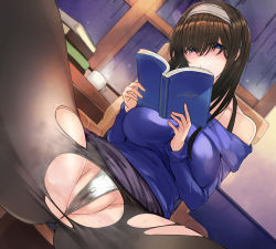 Rule 34 | 1girl, ashita (2010), bare shoulders, black hair, black pantyhose, black skirt, blue eyes, blue sweater, blush, book, breasts, clothes lift, collarbone, highres, holding, holding book, idolmaster, idolmaster cinderella girls, large breasts, long hair, long sleeves, looking at viewer, off-shoulder sweater, off shoulder, panties, pantyhose, sagisawa fumika, sitting, skirt, skirt lift, solo, spread legs, sweater, thighs, torn clothes, torn pantyhose, underwear, white panties
