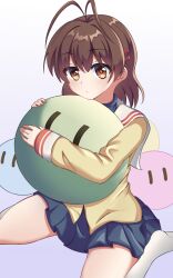 Rule 34 | 1girl, antenna hair, blue skirt, brown eyes, brown hair, chinese commentary, clannad, closed mouth, commentary request, dango daikazoku, expressionless, furukawa nagisa, grey background, hair between eyes, hair ornament, hairclip, highres, hikarizaka private high school uniform, holding, holding stuffed toy, jacket, knees out of frame, long sleeves, looking at viewer, medium hair, miniskirt, nmudml2, no shoes, pleated skirt, sailor collar, school uniform, simple background, sitting, skirt, solo, stuffed toy, wariza, white sailor collar, yellow jacket, | |