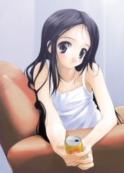 Rule 34 | 1girl, black hair, can, indoors, ishikei, long hair, parted bangs, solo, tank top