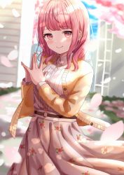Rule 34 | 1girl, amai melo, bang dream!, belt, blush, cherry blossoms, closed mouth, collared shirt, day, dutch angle, floral print, flower, highres, jacket, jewelry, long hair, long skirt, long sleeves, looking at viewer, maruyama aya, necklace, o-ring, o-ring belt, outdoors, pink eyes, pink hair, print skirt, shirt, skirt, smile, solo, steepled fingers, white shirt, white skirt
