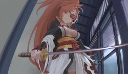 Rule 34 | 1girl, absurdres, amputee, baiken, big hair, black jacket, breasts, eyepatch, guilty gear, guilty gear strive, highres, holding, holding sword, holding weapon, jacket, japanese clothes, katana, kimono, large breasts, one eye closed, pink hair, quatthro, red eyes, samurai, scar, scar on face, smile, sword, weapon