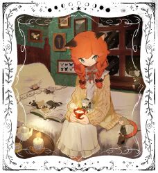 Rule 34 | 6+girls, anger vein, angry, animal ears, bed, bed frame, black bow, black dress, blanket, blue eyes, book, bow, braid, bug, butterfly, candle, cat ears, cat girl, cat tail, cheese, closed eyes, commentary request, crescent moon, cup, dress, flower, food, grey dress, grey eyes, grey hair, hair bow, hat, highres, holding, holding cup, indoors, insect, insect collection, key, looking at another, lying, milk, mini person, minigirl, moon, moon phases, mouse ears, mouse girl, mouse tail, multiple girls, myu (3u gumi), neck ribbon, night, nightcap, on back, on bed, on stomach, open clothes, open mouth, orange hair, orange tail, original, outstretched arms, picture frame, pillow, pointing, ribbon, sidelocks, sitting, smile, solo, stirring, stirring rod, sugar cube, table, tail, taiyaki, teapot, twin braids, wagashi, window