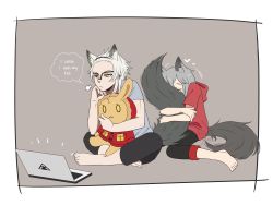 Rule 34 | 1boy, 1girl, alternate costume, animal ears, aosta (arknights), archimbek, arknights, blouse, blue shirt, casual, commentary, computer, english commentary, english text, fur-trimmed hood, fur trim, grey background, grey hair, heart, highres, hood, hooded jacket, hoodie, hugging another&#039;s tail, indoors, jacket, laptop, projekt red (arknights), shirt, stuffed animal, stuffed rabbit, stuffed toy, tail, hugging tail, white hair, wolf boy