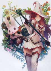 Rule 34 | 1girl, absurdres, armor, bare shoulders, black gloves, breasts, daisy, detached sleeves, dress, flower, gloves, greaves, grey background, hat, highres, holding, holding weapon, huge filesize, lips, long hair, looking at viewer, midair, open mouth, plant, purple eyes, rabbit, red eyes, red gloves, red hair, scan, simple background, staff, standing, sword world, tachikawa mushimaro, teeth, thigh gap, thighhighs, weapon, wheel, white dress, white hair, white hat, white thighhighs, witch hat, zettai ryouiki