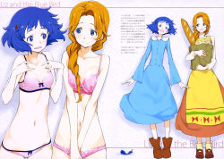 Rule 34 | 2girls, :d, absurdres, adjusting bra, adjusting clothes, apron, baguette, blue dress, blue eyes, blue hair, blush, boots, bra, braid, braided ponytail, bread, breasts squeezed together, breasts, copyright name, dress, feathers, food, girl (liz to aoi tori), hair ornament, hibike! euphonium, highres, holding, holding food, kurashima tomoyasu, liz (liz to aoi tori), liz to aoi tori, loafers, long hair, long sleeves, looking at another, medium breasts, multiple girls, navel, open mouth, orange hair, own hands together, panties, pink bra, pink panties, polka dot, polka dot bra, polka dot panties, shoes, short hair, single braid, small breasts, smile, translation request, underwear, underwear only