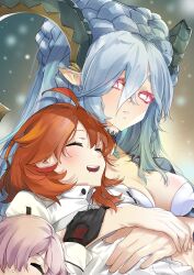 Rule 34 | 3girls, absurdres, blue hair, breasts, brown hair, cleavage, closed eyes, dragon horns, fate/grand order, fate (series), fujimaru ritsuka (female), gloves, highres, horns, hug, jewelry, larva tiamat (third ascension) (fate), long hair, looking at another, mash kyrielight, medium breasts, medium hair, multiple girls, necklace, open mouth, pointy ears, purple hair, red eyes, sleeping, smile, sparkling eyes, teeth, tiamat (fate), upper body, upper teeth only, yt (63641217), yuri